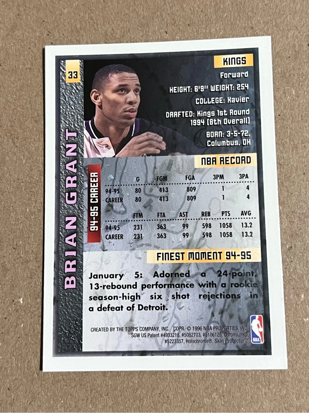 1995-96 Topps Finest - Brian Grant #33 Sacramento Kings Basketball Trading Card - Picture 2 of 2